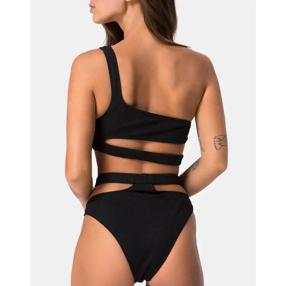 $75 NWT Motel Drelins Bikini Top & bottoms In Black Rib sz XS